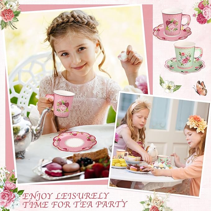 24 Sets Vintage Floral Tea Party Cups 7 OZ Disposable Paper Tea Cups with Handle and Plates Teacups and Saucer Sets for Baby Bridal Shower Wedding Birthday(Vintage Style)