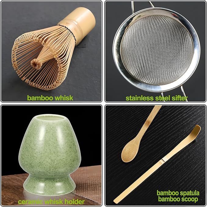 Bamboo Matcha Whisk Set 5Pcs, Matcha Whisk, Ceramic Whisk Holder (Green), Sifter, Traditional Tea Scoop and Tea Spoon, Japanese Matcha Ceremony, Gift for Matcha Lovers Beginner