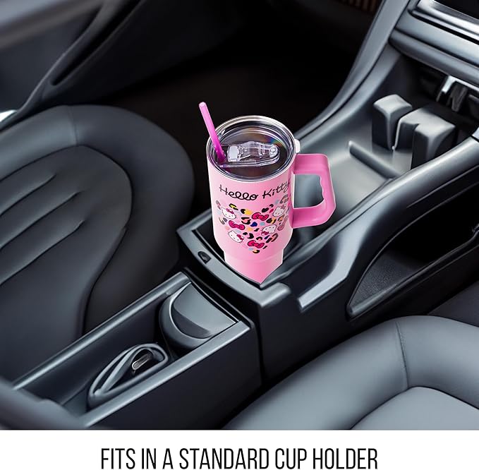 Silver Buffalo Sanrio Hello Kitty Leopard Jungle Cat Print and Bows Heart Double Walled Stainless Steel Tumbler with Handle and Straw, Fits in Standard Cup Holder, 40 Ounces