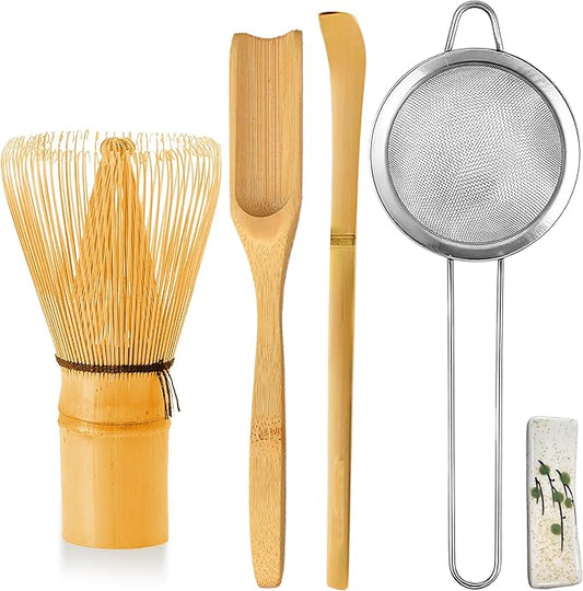 Matcha Whisk Set, 5 Pcs Matcha Making Tools Kit, Japanese Ceremonial Matcha Tea Set, Bamboo Matcha Whisk & Matcha Scoop, Tea Spoon, Ceramic Spoon Holder, Powder Starter Sifter