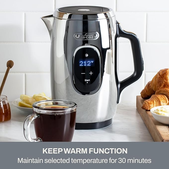 All-Clad Stainless Steel Kettle 1.5 Liter Keep Warm Function 1500 Watts Adjustable Temperature, Safe to Touch, Fast Boiling, Silver