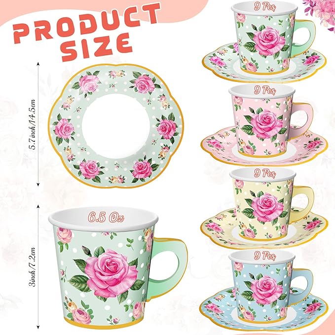 Umigy 36 Sets Tea Party Decorations 6.5 oz Floral Paper Tea Cups with Handle and Plates Disposable Blossom Teacups and Saucers Sets for Girls Kids Birthday Garden Wedding Party Supplies(Multicolored)