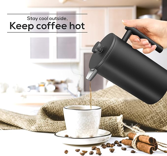 Utopia Kitchen 304 Grade Stainless Steel French Press Coffee Maker 21 Oz, Double Wall Insulated Coffee Press with 4-Level Filtration system, Include 2 Extra Filters, Rust-Free, Black