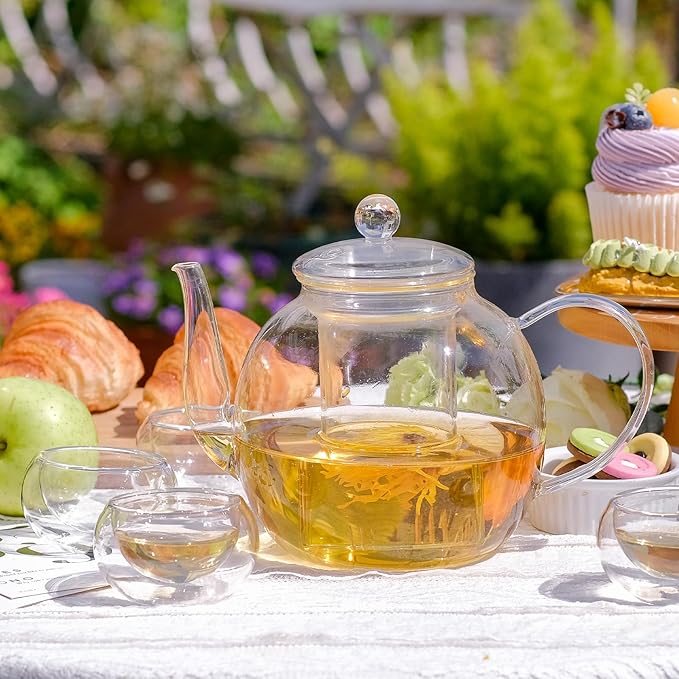 Glass Teapot Set with 4 Teacups, 1500 ml/50 oz Tea Pot with Infusers for Loose Tea and Flower Tea, Stovetop and Microwave Safe Borosilicate Glass Tea Kettle, Tea Gift Sets for Christmas
