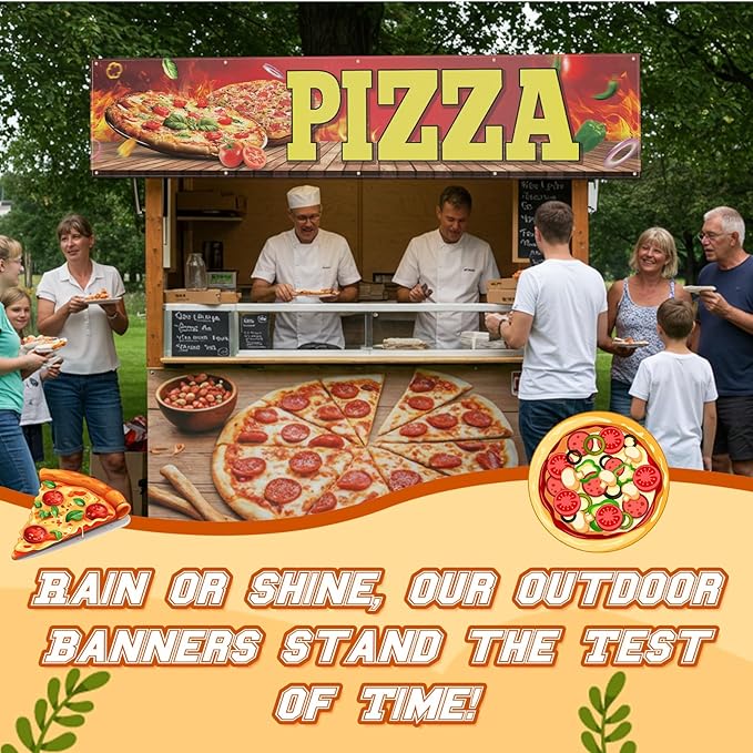 Tegeme Pizza Banner Sign for Shop Truck Decor 2x10 ft/ 24x120 Inch Pizza Party Decorations Pizza Birthday Party Supplies with 10 Grommets for Easy Hang Indoor Outdoor
