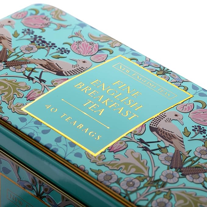 New English Teas Song Thrush and Berries Tea Tin in Green with 40 English Breakfast Teabags