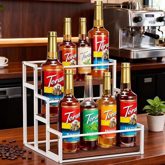 THYGIFTREE Coffee Syrup Rack Organizer 3-Tier 12 Syrup Bottles Holder Stand for Coffee Bar Station Storage Shelves for Syrup, Wine, Dressing for Kitchen Countertop, White