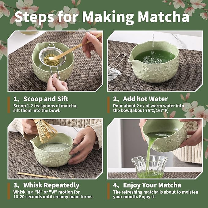 Matcha Whisk Set, 5 Pcs Ceramic Matcha Set, Matcha Kit Set Includes Matcha Bowl, Matcha Whisk and Holder, Bamboo Scoop and Sifter, Matcha Tea Set, Ideal Gift for Family/Friend (Cyan)