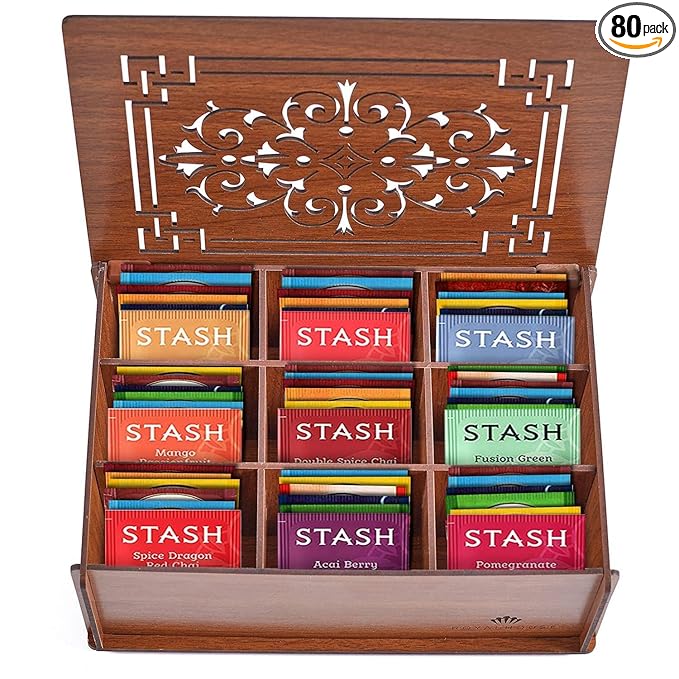 Tea Sampler Gift Box – 80 Tea Bags, 28 Unique Flavors – MDF Wooden Organizer – Premium Variety Pack for Family, Friends, Coworkers – Brown Edition