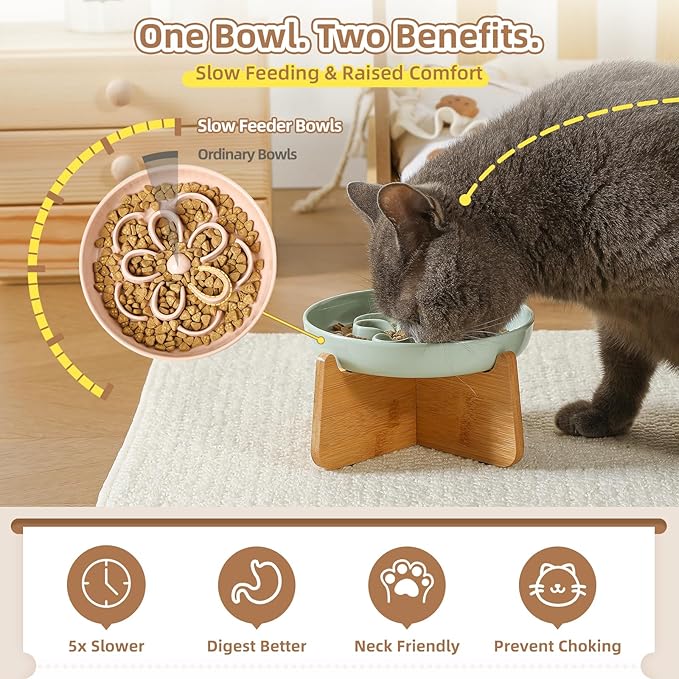 Slow Feeder Cat Bowl Combo - Melamine Maze Dish in 2 Styles (Single Bowl & with Bamboo Stand) - Whisker Friendly, Elevated & Shallow Design - White