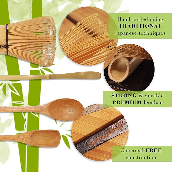BambooMN Matcha Whisk Set - Golden Chasen (Tea Whisk), Chashaku (Hooked Bamboo Scoop), Tea Spoon - 10 Sets