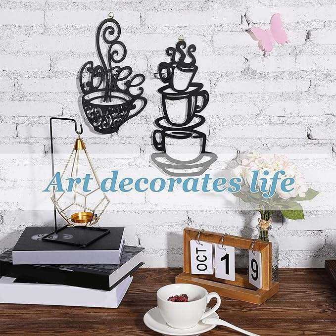 Jetec 2 Pieces Coffee Wall Decor Black Cup Silhouette Kitchen Wall Art Decor Coffee Bar Accessories