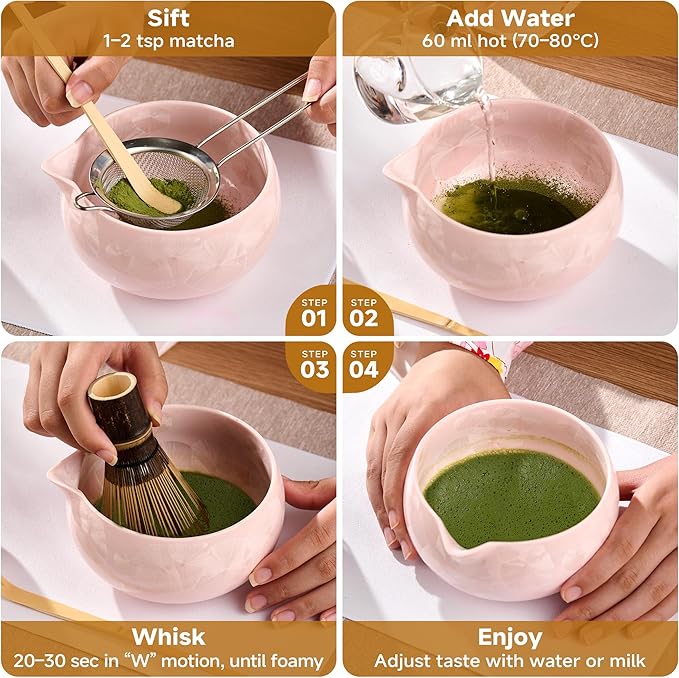 Matcha Whisk Set – Crystalline Glaze Bowl, Bamboo Whisk & Holder, Scoop & Sifter with Holder, Cup with Lid & Straw, Ice Cube Tray & Tea Towel – Pink Matcha Gift Set for Women, Women Gifts