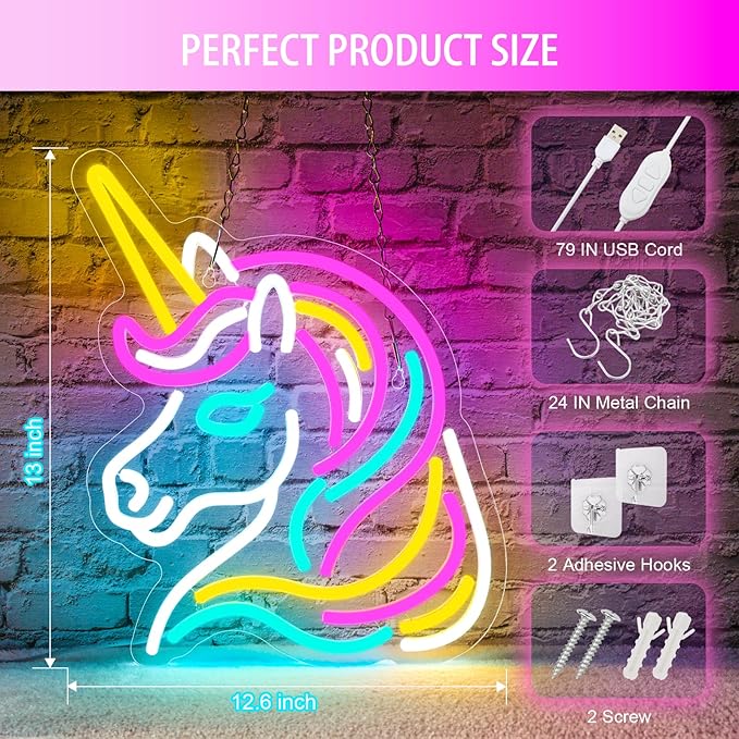 Basaneon Unicorn Neon Sign for Wall Decor, Dimmable Colorful Unicorn Neon Lights for Girls Room, USB Powered Unicorn Led Signs for Bedroom Kids Room, Perfect Gifts Unicorn Lights for Girls(13"*12.6")