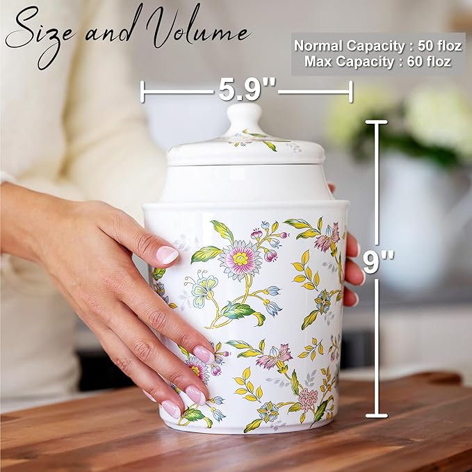 25DOL 60 Ounce Kitchen Ceramic Canister with Lid - Large Air Tight Coffee Grounds Container with Elegant Floral Pattern - Great Airtight Flour Jar, Tea Canister & Cute Cookie Jar
