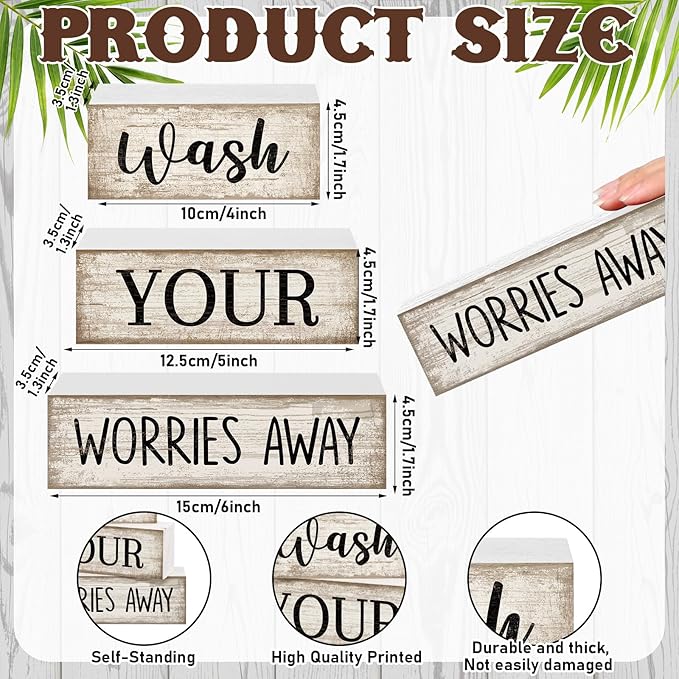 Moucuny 4 Pcs Bathroom Decor Wash Your Worries Away Sign Funny Bathroom Laundry Room Decor and Accessories Rustic Eucalyptus Leaves Block Signs Funny Toilet Washroom Table Centerpiece for Home Toilet
