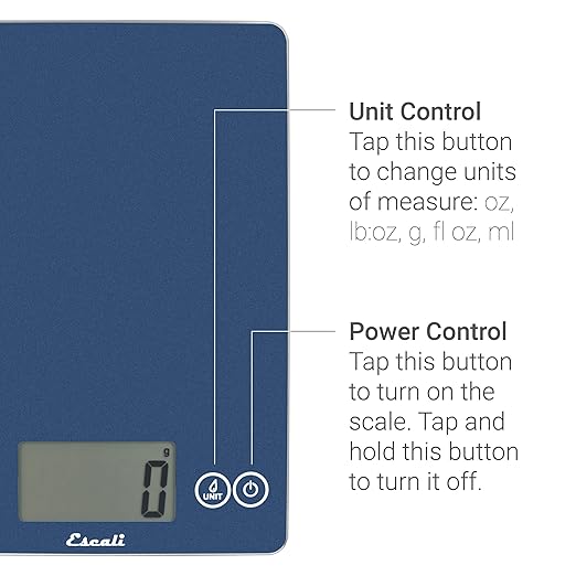 Escali Arti Glass Food Scale Digital Countertop Kitchen, Baking and Cooking Scale with Nutrition and Calorie Counter, 15-Pound Capacity, 9" x 6.5" x .75", Blue Mirage