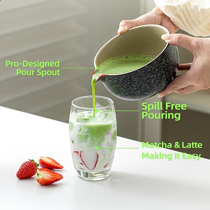 TEANAGOO Matcha Bowl with Spout, 2-Pcs Ceramic Matcha Bowl and whisk Holder (chawan), 18 02/510ML Black Bowl with Stand, Traditional Ceremonial Accessories, Gift Set for Friend, Matcha Set