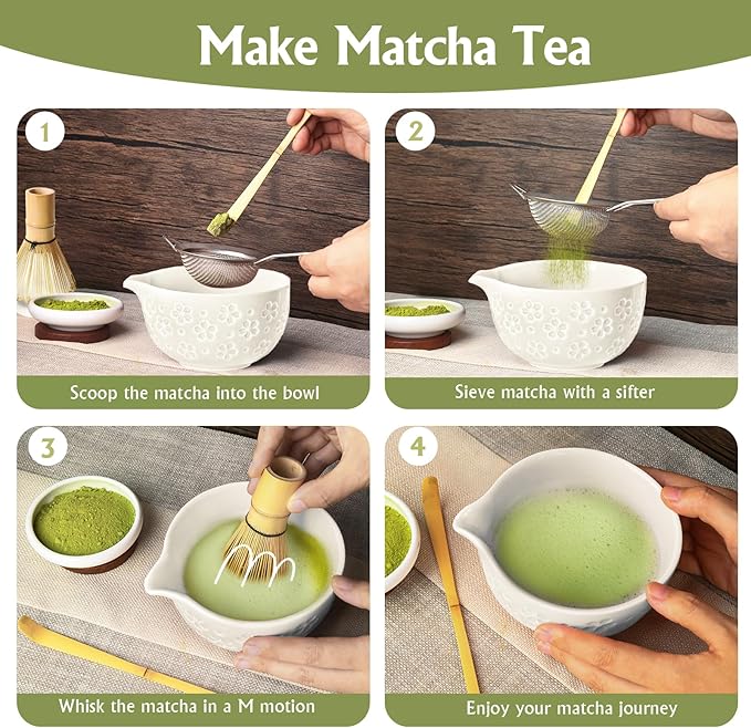 Matcha Whisk Tea Set Kit: Japanese Matcha Kit - Ceramic Bowl Bamboo Whisk Chasen Holder spoon Measuring Scoop Sifter - Traditional Practical for Tea Ceremony Breakfast Lattes - Home Kitchen Christmas