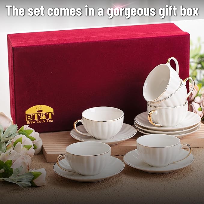 BTaT- Cappuccino Cups with Saucers 7 oz with Gift Box, Set of 6, White Porcelain Coffee Cup and Saucer Set for Latte with Golden Trim Design, Dishwasher Safe, Mocha, Tea, Au Lait, Flat White