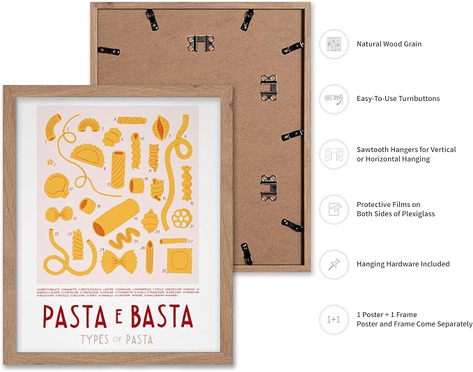 Poster Master Vintage Illustration Poster - Retro Food Print - Types of Pasta, Yellow, Spaghetti, Rotini, Penne - Gift for Artist, Chef - Wall Decor for Kitchen, Restaurant, 11x14 Beige Framed