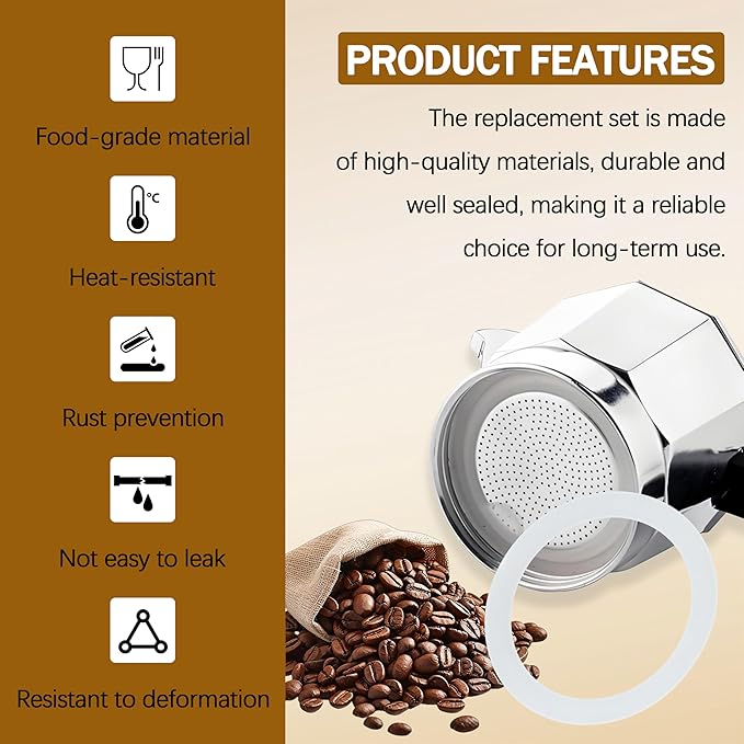 Espresso Maker Filter Basket,moka pot 3 cup Replacement Funnel,moka pot filter For Mocha Coffee Maker Pot with 1pcs Filter and 1pcs Silicone Gasket Seals