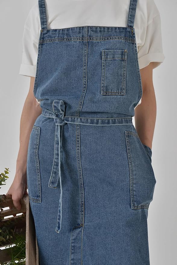 Cotton Denim Apron Soft - Unisex Adjustable Bib Apron with 5-Pockets Perfect for Kitchens - Image 3
