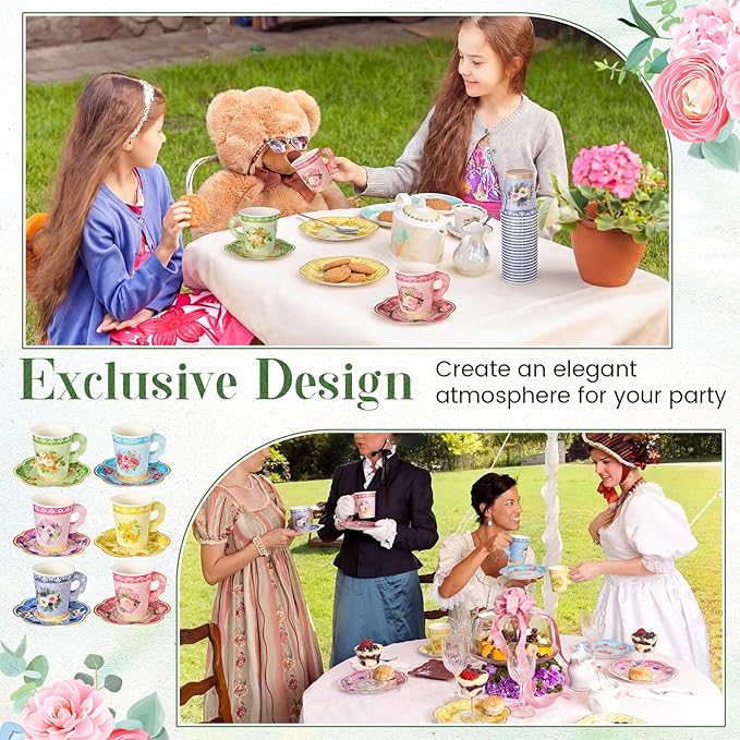 Nuogo 300Pcs Floral Paper Tea Cups and Saucers 9 OZ Disposable Tea Cup with Handle and Plates for Party Supplies Wedding Birthday Baby Shower Bridal Mother's Day, Serve 150 Guest(Fresh Color)