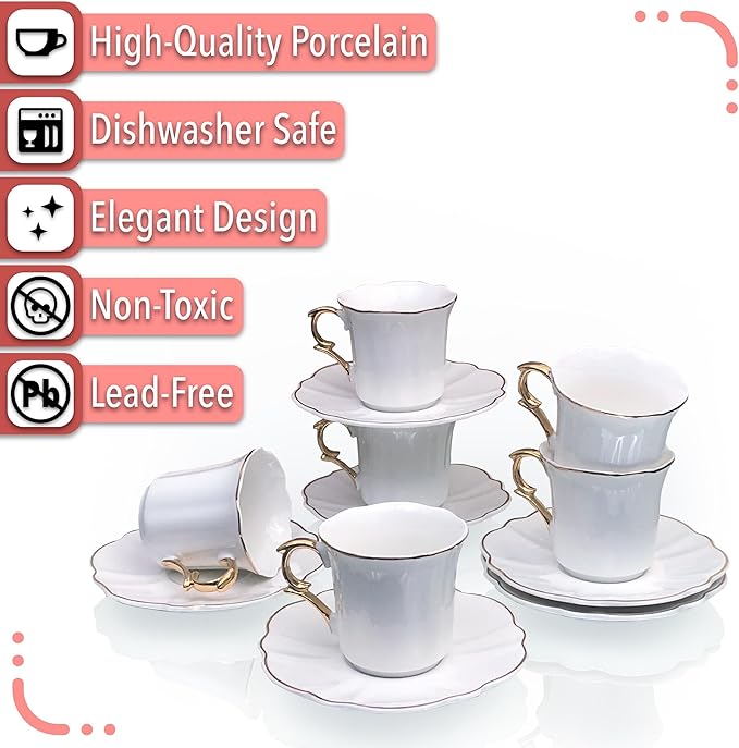 BTaT- Turkish Coffee Cup Set, 3 oz, 6 Set (12 pcs), Elegant White Cups & Saucers with Gold Trim, Small Porcelain Espresso Set for Serving Greek, Arabic & Turkish Coffee, Gift Giving