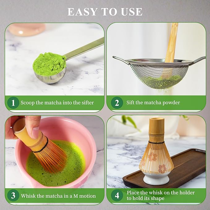 Matcha Whisk Set Matcha Making Kit Bamboo Chasen Ceramic Whisk Holder Stand Sifter Scoop Japanese Tea Tools (White)