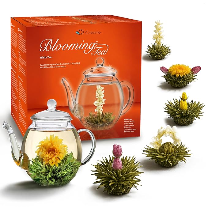 Creano Flowering Tea Gift Set - White Tea – 6 Blooming Tea with 17oz Glass Teapot