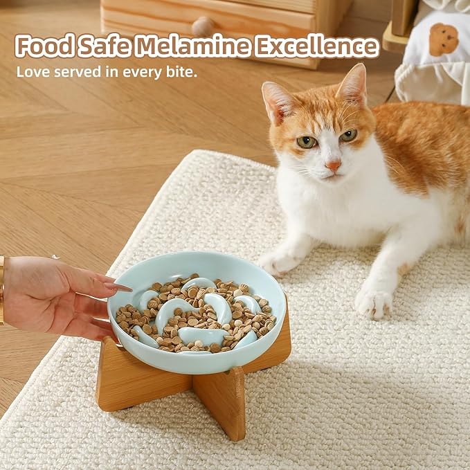 Elevated Slow Feeder Cat Bowl - Melamine Cat Food Plate with Anti-Slip Bamboo Stand - Whisker Friendly Feeding Bowl - Raised Maze Dish for Slow Eating - Pale Blue
