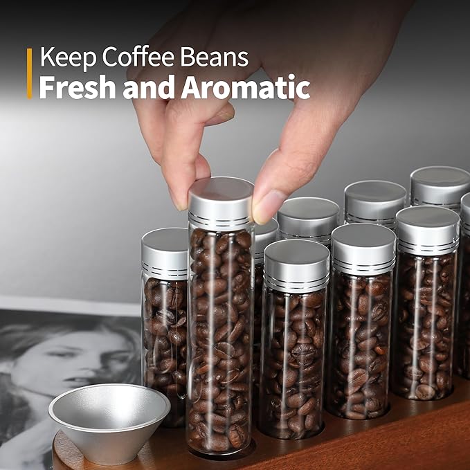 Coffee Bean Container, Single Dose Coffee Bean Storage,10PCS Coffee bean cellar container with wooden stand and funnel coffee spoon.(Silver lids)