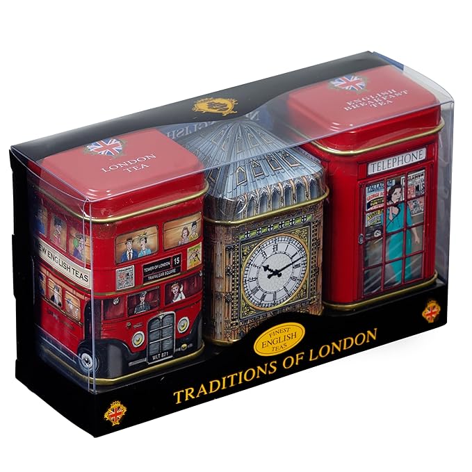 London Icons 3x Mini Tea Tins with Fine English Loose Tea (Big Ben, Red London Bus, Telephone Box)