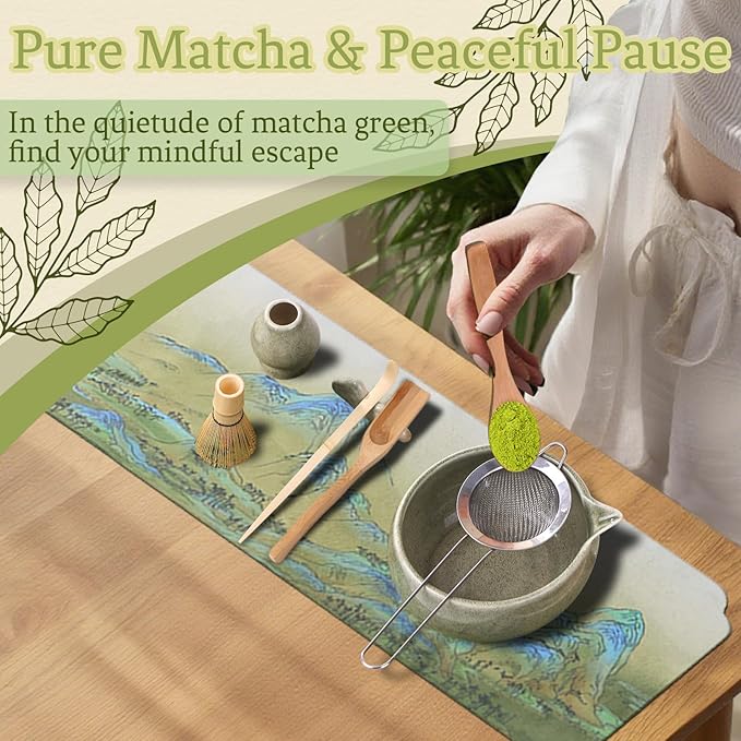 8 Pcs Matcha Whisk Set Chasen Matcha Whisk Bamboo Bowl with Spout Sifter Spoon Scoop Whisk Holder Bamboo Mat Complete Matcha Making Kit (9pcs-green)