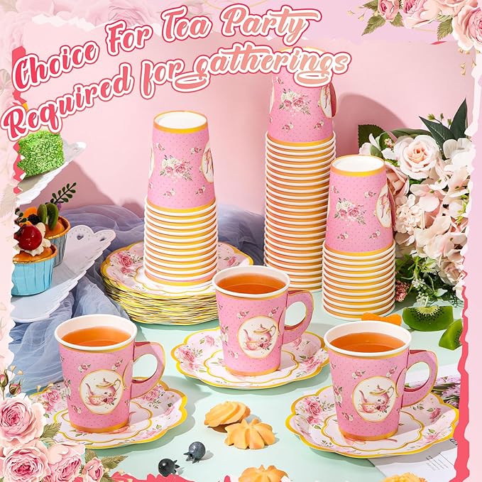 Tioncy 100 Pcs Tea Party Decorations Include 50 Pieces 9 oz Paper Tea Cups with Handle and 50 Plates Disposable Teacups and Saucers Sets for Birthday(Teapot)