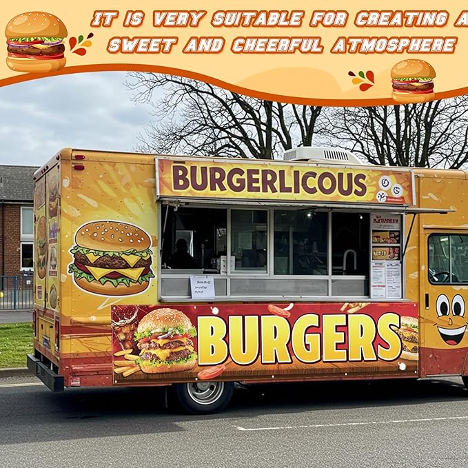 Tegeme Burgers Banners 2 x 10 Ft/ 24 x 120 Inch Large Oxford Fabric Polyester Hamburger Banner Sign with 10 Grommets for Easy Hang Indoor Outdoor