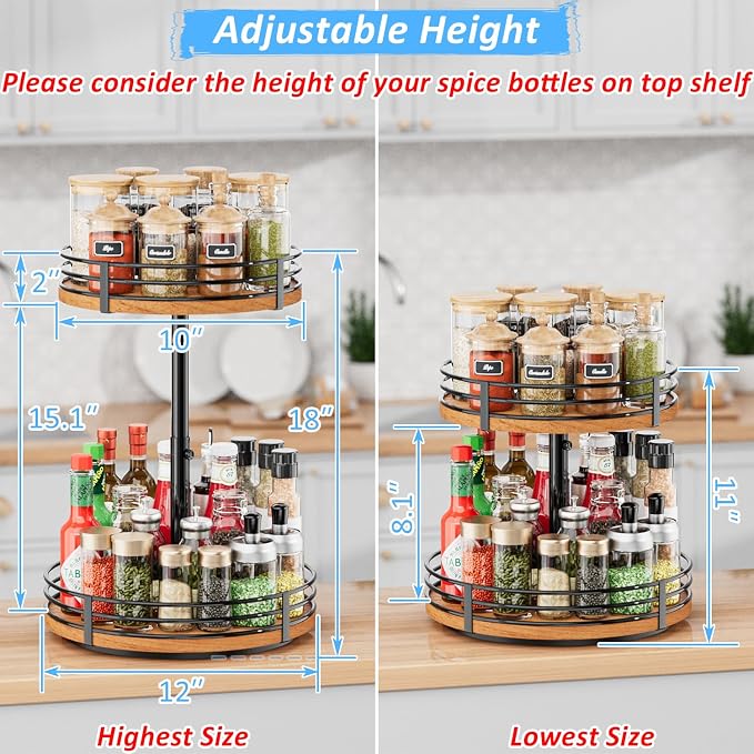 Lazy Susan Turntable Organizer Adjustable - 2 Tier Wood Rotating Spice Rack 12 Inch Lazy Susan for Kitchen Countertop Cabinet Pantry Cupboard Dining Table Bathroom Coffee Bar Home Storage - Image 3