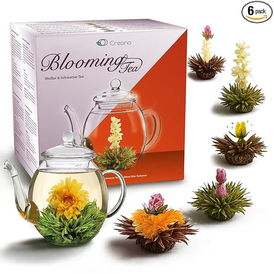 Creano Blooming Tea Gift Set with Glass Pot 17oz/500ml with 6 Flowering-Tea each 3pcs White & Black Tea