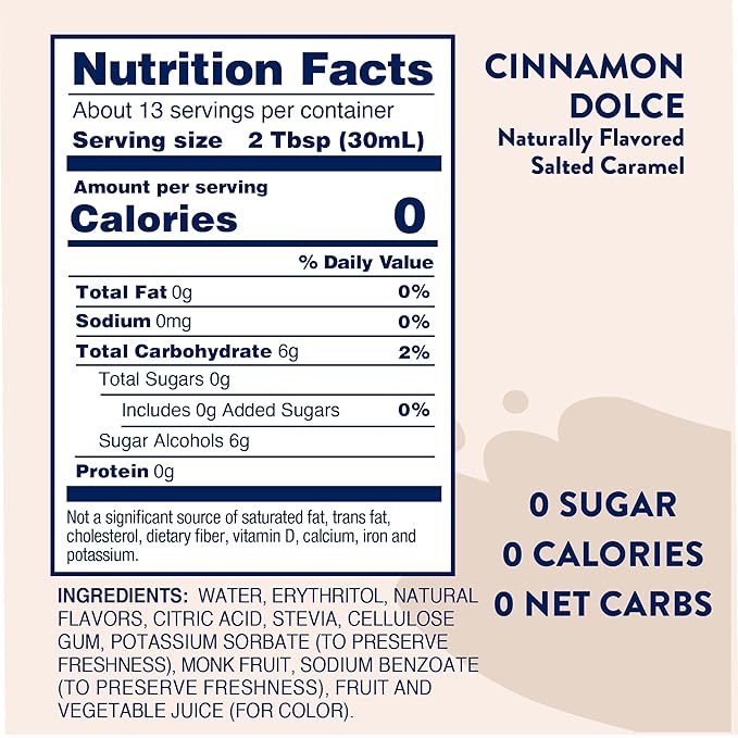 Jordan's Skinny Mixes Sugar Free Coffee Syrup, Cinnamon Dolce Coffee Flavoring Syrup, Naturally Sweetened Zero Calorie Drink Mix, Lattes, Baking or Protein Shake, Dairy & Gluten Free, 12.7 Fl Oz