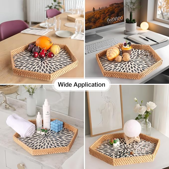 Hexagon Rattan Tray with Mother of Pearl Inlay, Rattan Serving Tray for Coffee, Bread, Fruits, Snacks, Decorative Wicker Tray for Table Decor, Home Decor (Dark Blue Leaves, 14.5"×12.8")