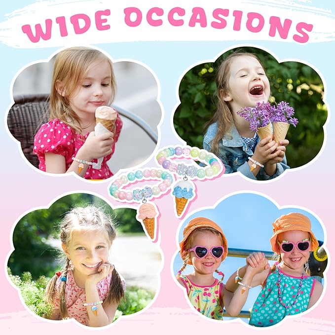 Ecally 12 Pcs Ice Cream Party Favors Beaded Bracelet Bulk Ice Cream Bracelet Decorations for Summer Party Supplies Pendant Accessories Supplies