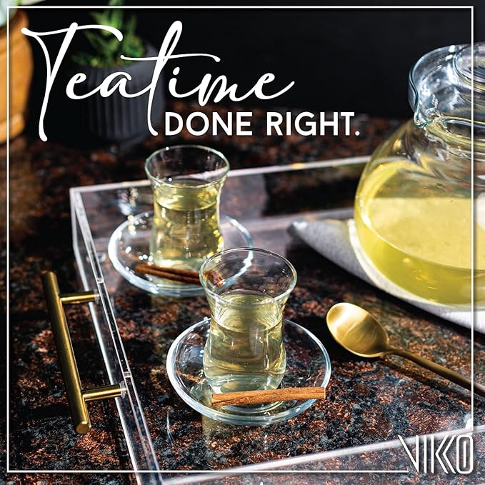 Vikko Turkish Tea Glasses and Saucers, 4 Oz Turkish Tea Cups, 6-Piece Set