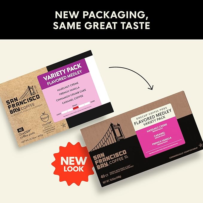 San Francisco Bay Coffee - Flavored Variety Pack (40 ct) - Hazelnut Crème, Caramel, & French Vanilla - Single Serve Coffee Pods, Commercially Compostable, K Cup Compatible