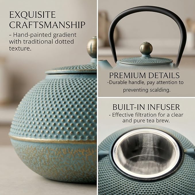 30.4oz Small Cast Iron Teapot, Tea Kettle for Stovetop Safe, Tea Pot with Stainless Steel Infuser for Loose Tea, Japanese Tetsubin Coated with Enameled Interior(900ml)