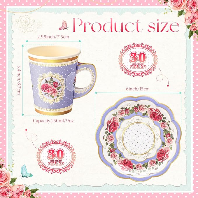 Domensi 60 Pieces Tea Party Decorations Include 30 Pcs 9 oz Paper Cups with Handle and 30 Pcs Tea Party Paper Plates Disposable Blossom Teacups and Saucers for wedding Favors(Bright Style)
