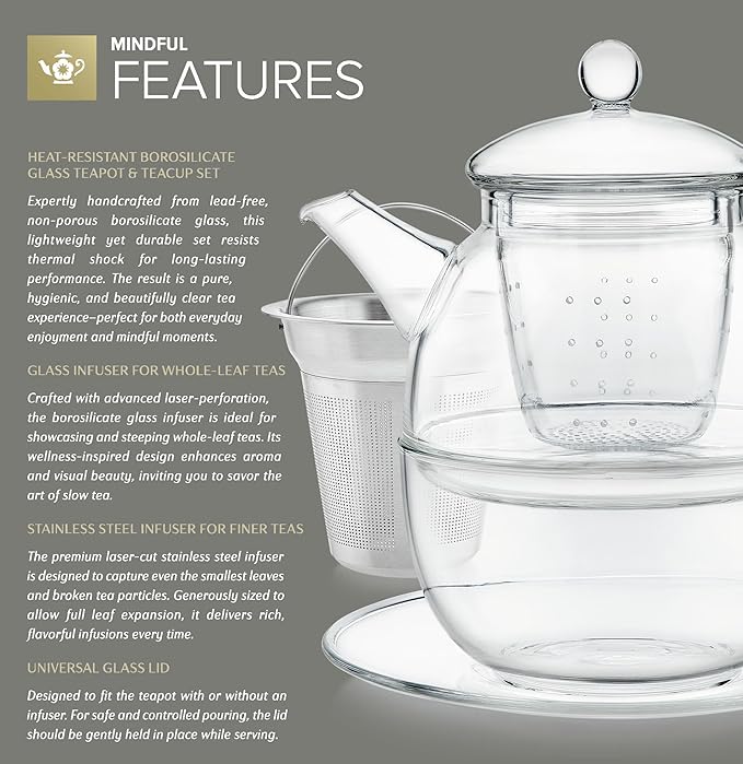 Teabloom Mindful Tea-for-One Set – 5-Piece Glass Teapot, Matching Cup & Saucer, Borosilicate & Stainless Steel Infusers, Elegant Gift for Personal Tea Rituals