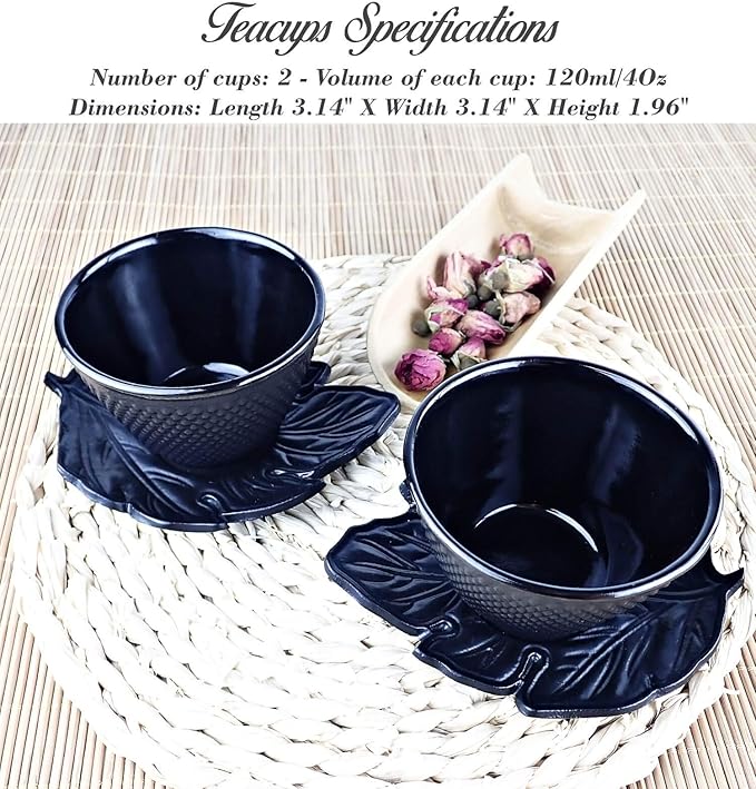 Japanese Tea Cups - 4pc Black Cast Iron Set, 2 Tea Cups and Saucers, 4oz Each