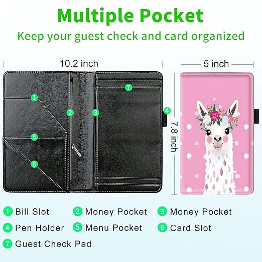 Server Books for Waitress, with 7 Large Pockets, Waiter Serving Book, Waitstaff Server Order Pads, Cute PU Leather Server Book with Pen Holder Fit Server Apron,Llama with Flower Crown - Image 3