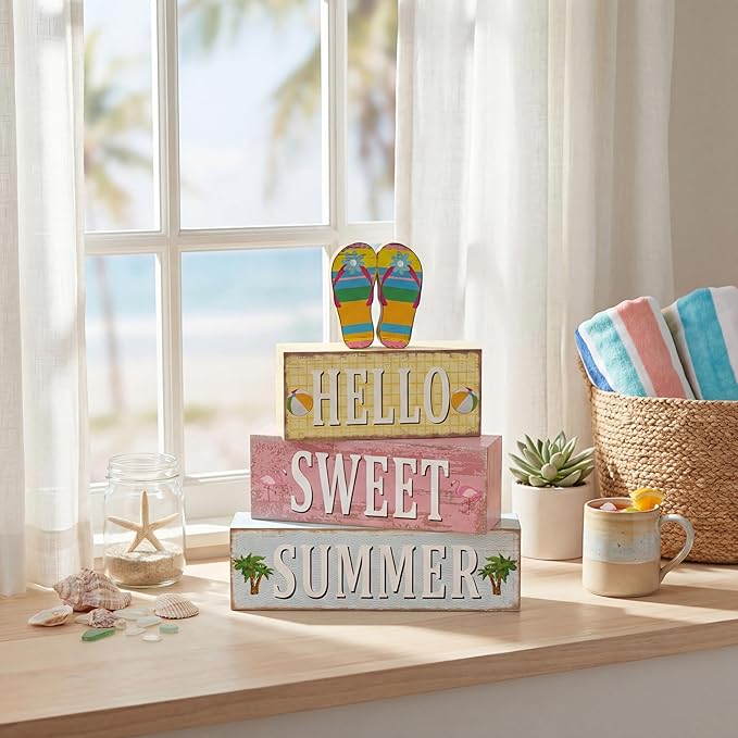 Geelin 4 Pcs Summer Decorations Wooden Sign Hello Summer Flip Flop Table Centerpiece Tiered Tray Decor Beach Farmhouse Blocks Table Top Sign for Home
